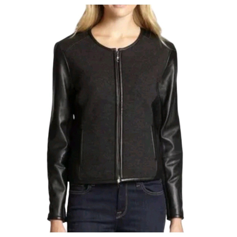 Eileen Fisher Wool Jacket Leather Sleeves Black Sz S Petite